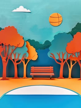 Peaceful park scenery with bench, trees and floating ball in the sky for nature and travel concepts