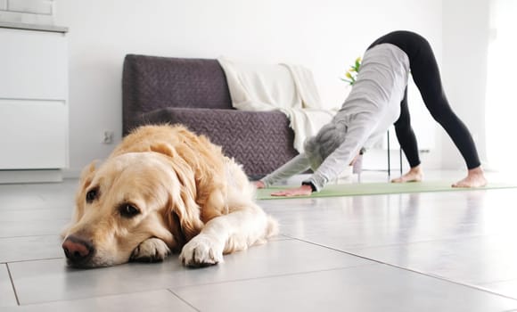 An Elderly Woman Doing A Downward Facing Yoga Pose At Home, While Her Golden Retriever Dog Lies On The Floor