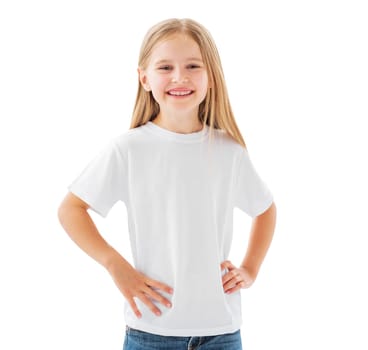 Cute smiling little girl in a white blank t-shirt isolated on a white background