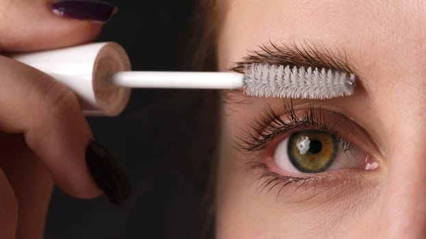 Close-Up Professional Makeup Shoot Focusing On Brushing Eyebrows With A Cosmetic Brush