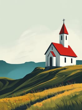 Scenic church on hill overlooking majestic mountains in travel and nature destination concept