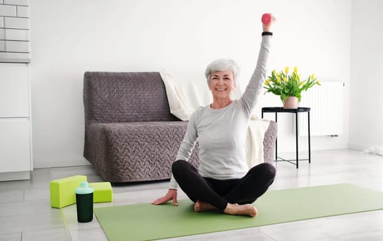 Elderly Attractive Lady Doing Fitness Workout, Exercising With Weights