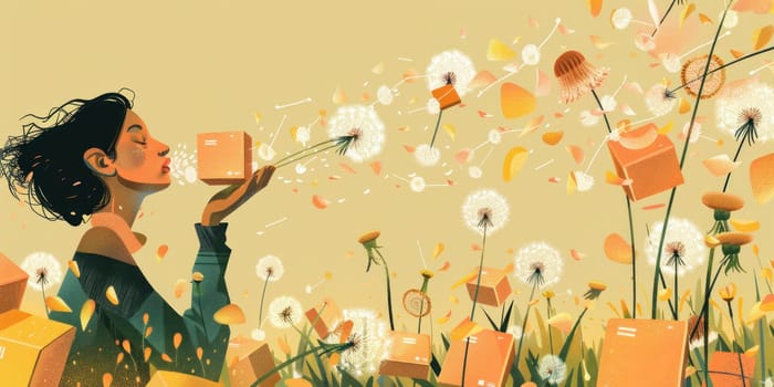 Woman blowing dandelions in field with orange boxes in background, travel and nature concept illustration