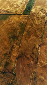 Aerial view of serene river flowing through green field surrounded by nature and beauty of travel