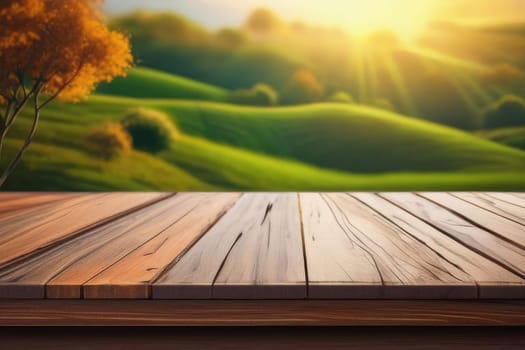 The empty wooden table top with blur background of tea plantation. Exuberant imag