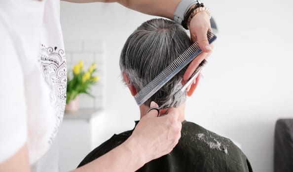 Hairdresser Trimming Elderly Woman'S Gray Hair At Home