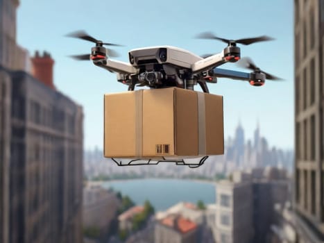 UAV drone flying over the city to deliver a shipment.