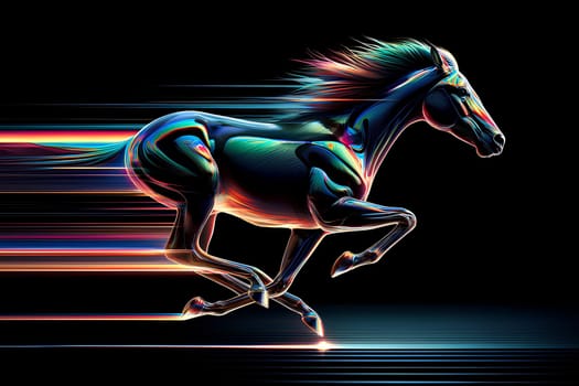 running halographic horse on a black background.