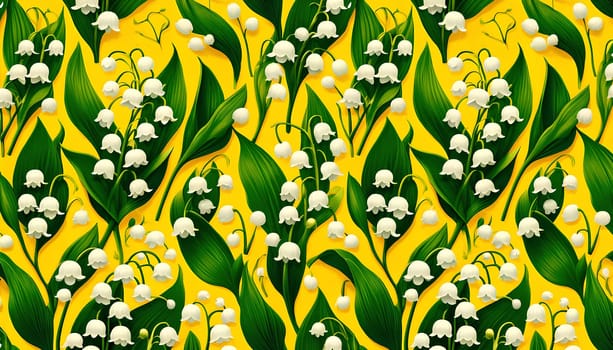 A horizontal pattern featuring scattered lily of the valley flowers on a yellow background.