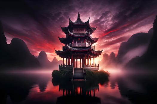 landscape image of a Chinese pagoda at purple sunset