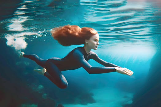 a young woman with long, flowing hair swimming underwater.