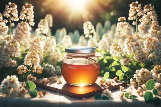 a small jar with buckwheat honey on a table amidst a field of blooming buckwheat on a sunny day.