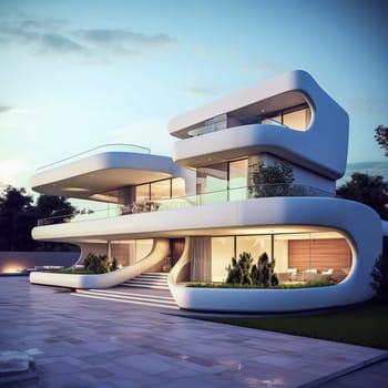 Architecture modern exterior building design. Modern house in the evening. Ai art