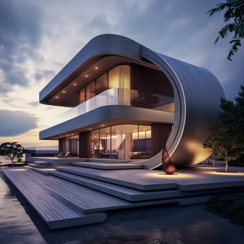 Architecture modern exterior building design. Modern house in the evening. Ai art