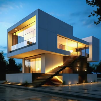 Architecture modern exterior building design. Modern house in the evening. Ai art