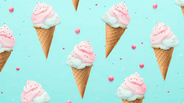 Ice cream pattern on patel blue background. Ai art