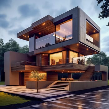 Architecture modern exterior building design. Modern house in the evening. Ai art