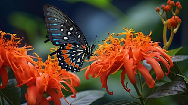 Beautiful multi-colored butterfly on a flower. Beauty in nature. Ai art.