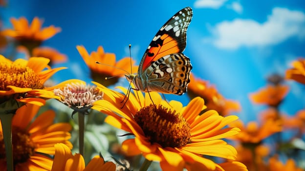 Beautiful multi-colored butterfly on a flower. Beauty in nature. Ai art.