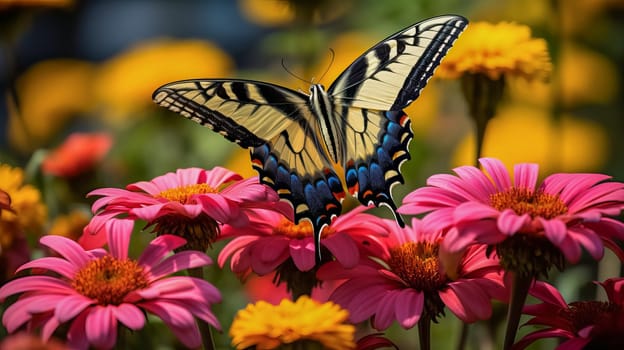 Beautiful multi-colored butterfly on a flower. Beauty in nature. Ai art.