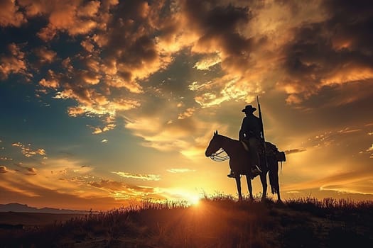 Silhouette of a ranger or cowboy sitting on a horse at sunset.