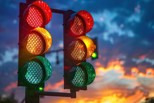 Closeup of a traffic light in the evening sky with clouds and copy space.