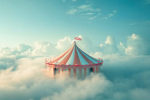 Red and white circus tent in lush clouds.