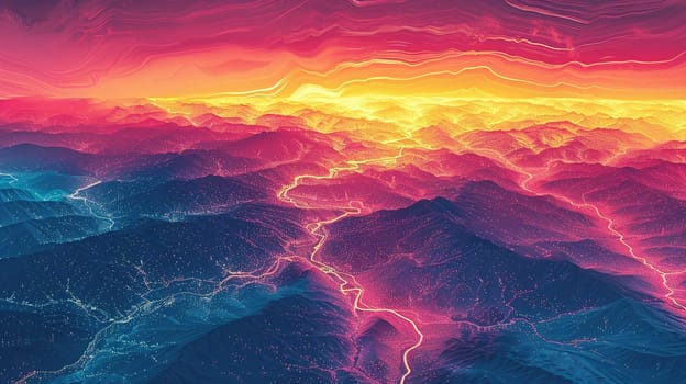 Digital image of lava flowing through a mountain valley. Cyber landscape.