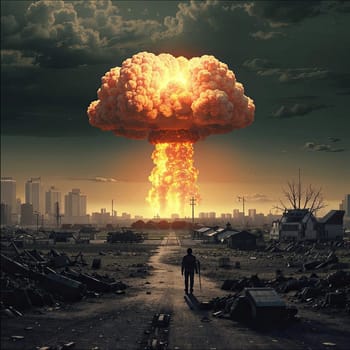 A photograph of a nuclear explosion against the backdrop of destroyed buildings and vacant lots and people. Military combat operations. Nuclear mushroom. Weapons of mass destruction.