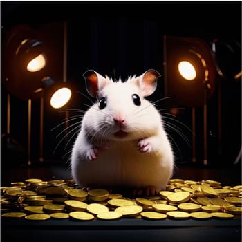 Photo of a cute hamster with coins flying and lying on the floor on a black background. An exciting game for money. Click on the furry animal and win.