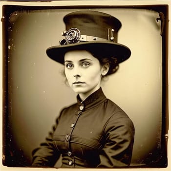 Vintage photograph of a beautiful steampunk girl in a wet dish from the 1890s. aged and scratched Victorian photo. junk jornal. In a suit and dress with a hat with a watch and mechanisms