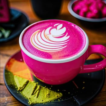 Photo of pink matcha from bright dragon fruit powder. It is rich in vitamins and minerals. Sweet taste reminiscent of a mixture of strawberries and kiwi.