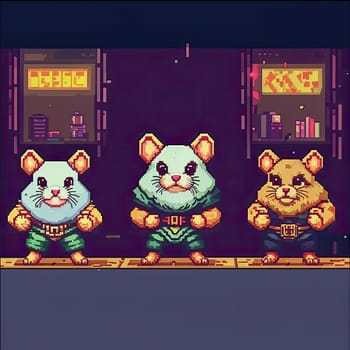 pixel art Illustration of a cute hamster with coins flying and lying on the floor on a black background. An exciting game for money. Click on the furry animal and win.