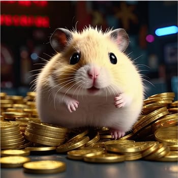 Photo of a cute hamster with coins flying and lying on the floor on a black background. An exciting game for money. Click on the furry animal and win.