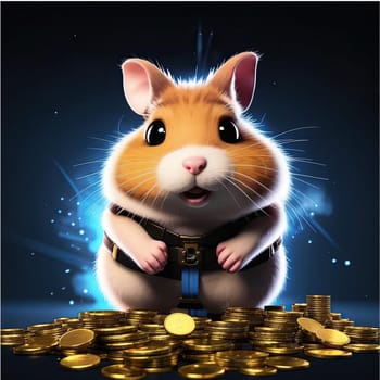 Photo of a cute hamster with coins flying and lying on the floor on a black background. An exciting game for money. Click on the furry animal and win.