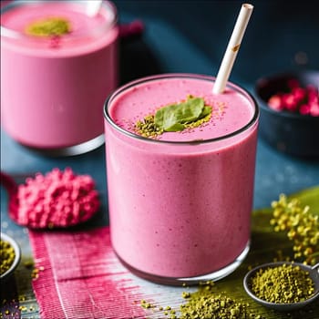 Photo of pink matcha from bright dragon fruit powder. It is rich in vitamins and minerals. Sweet taste reminiscent of a mixture of strawberries and kiwi.