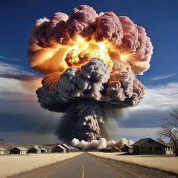 A photograph of a nuclear explosion against the backdrop of destroyed buildings and vacant lots and people. Military combat operations. Nuclear mushroom. Weapons of mass destruction.