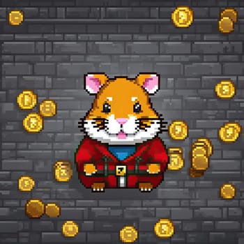 pixel art Illustration of a cute hamster with coins flying and lying on the floor on a black background. An exciting game for money. Click on the furry animal and win.