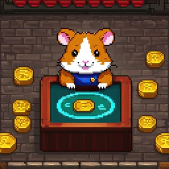 pixel art Illustration of a cute hamster with coins flying and lying on the floor on a black background. An exciting game for money. Click on the furry animal and win.