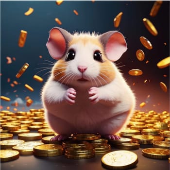 Photo of a cute hamster with coins flying and lying on the floor on a black background. An exciting game for money. Click on the furry animal and win.