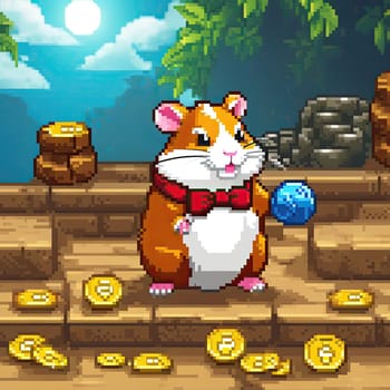 pixel art Illustration of a cute hamster with coins flying and lying on the floor on a black background. An exciting game for money. Click on the furry animal and win.