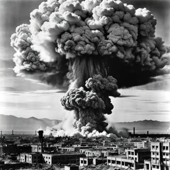 A photograph of a nuclear explosion against the backdrop of destroyed buildings and vacant lots and people. Military combat operations. Nuclear mushroom. Weapons of mass destruction.