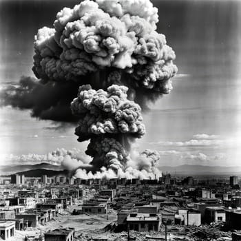 A photograph of a nuclear explosion against the backdrop of destroyed buildings and vacant lots and people. Military combat operations. Nuclear mushroom. Weapons of mass destruction.