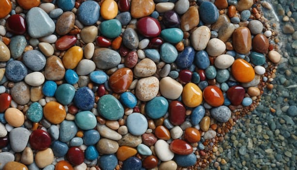 A close-up shot of a pebble beach in Greece, where smooth, colorful stones are arranged in a mesmerizing pattern. The azure waters of the Aegean Sea lap gently at the shore, creating a breathtaking contrast with the vibrant hues of the rocks.