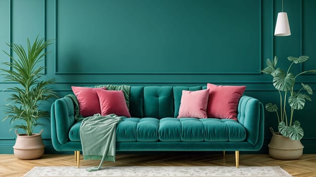 Luxurious colored velvet sofa adorned with two pink cushions and a light green throw blanket is centered against a deep teal wall in a contemporary living room setting - Generative AI