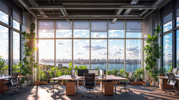 Warm sunlight bathes an expansive office interior with rows of desks and chairs, large windows offering a panoramic view of the urban skyline - Generative AI