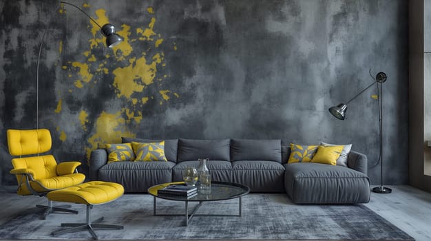 A stylish living room featuring a large gray sectional sofa adorned with yellow cushions, a yellow armchair, unique lighting fixtures, and an abstract yellow and gray wall design - Generative AI