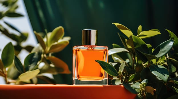 Transparent orange glass perfume bottle mockup with plants on background. Eau de toilette. Mockup, spring flat lay