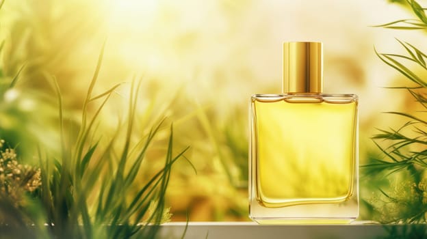 Transparent yellow glass perfume bottle mockup with plants on background. Eau de toilette. Mockup, spring flat lay