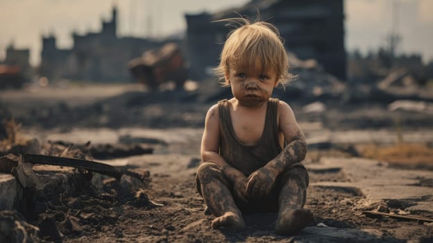 A heartbreaking image of a little girl crying in the ruins of her home after an airstrike. The airstrike destroyed her home and killed her parents. She is now all alone in the world.